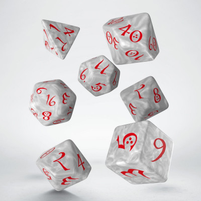 Ensemble de 7 dés polyédriques Classiques Perle avec chiffres rouges
