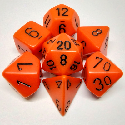Ensemble de 7 dés polyédriques opaques orange avec chiffres noirs
